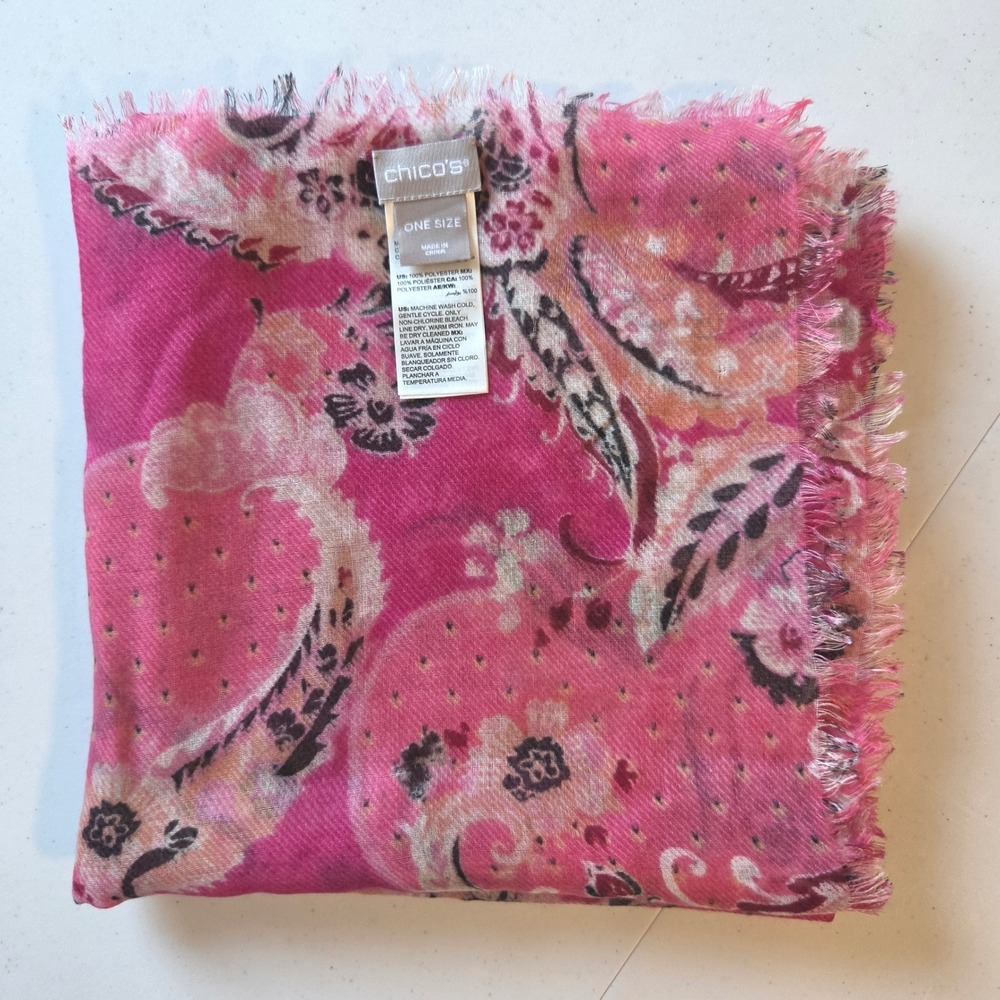 Chicos Pink Paisley Floral Square Scarf Frayed Edge Lightweight Wrap One Size